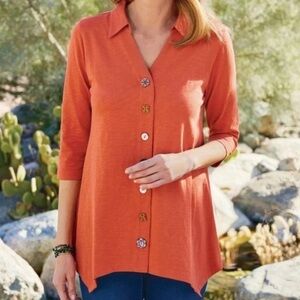 Soft Surroundings Burnt Orange Danielle Button Front 3/4 Sleeve Tunic Top